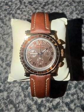 Marc Ecko Brown Dial Leather Strap Watch with Gold-Tone Accents